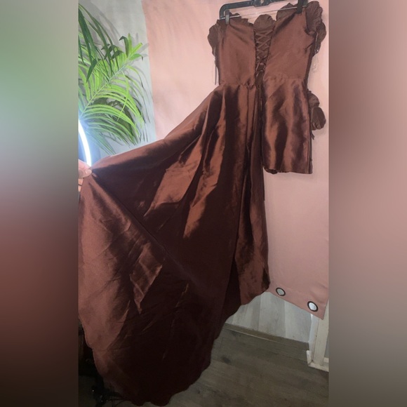 Fashion Nova Chocolate Brown Floral Appliqué Mini Dress with Side Train - Picture 7 of 12